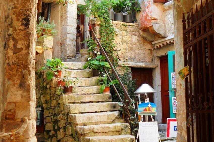 Un escalier étroit en pierre, agrémenté de plantes en pot, une rambarde en métal et un petit lampadaire. 2