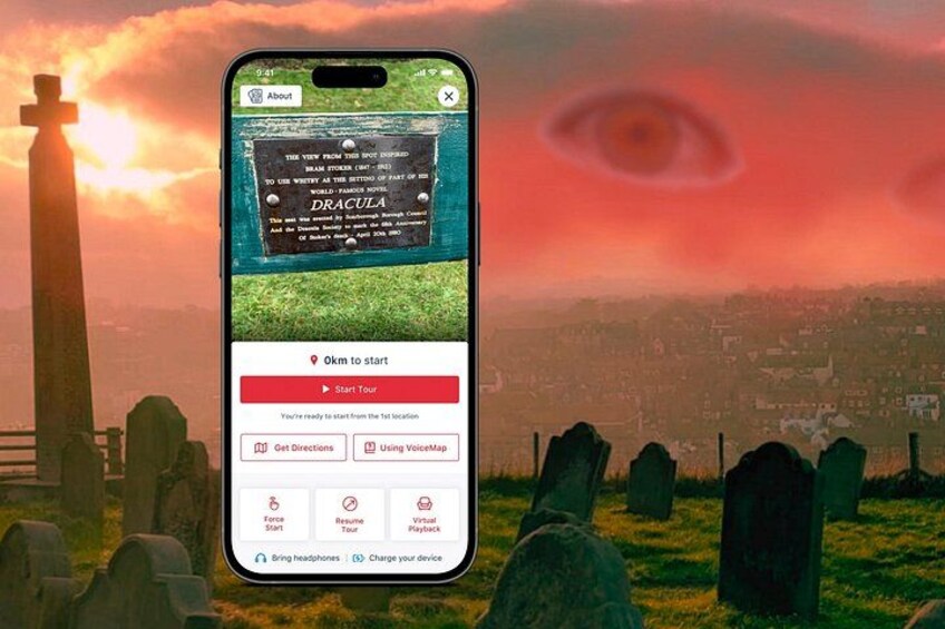 A smartphone displaying a tour app with a cemetery background. 1