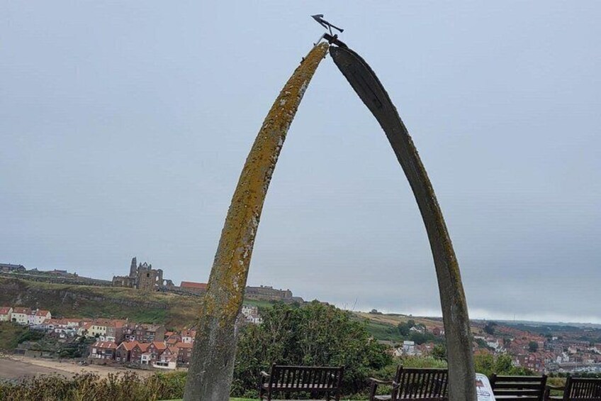 A large metal arch structure with a bird perched on top, overlooking a coastal town with buildings and a hill in the background. 5