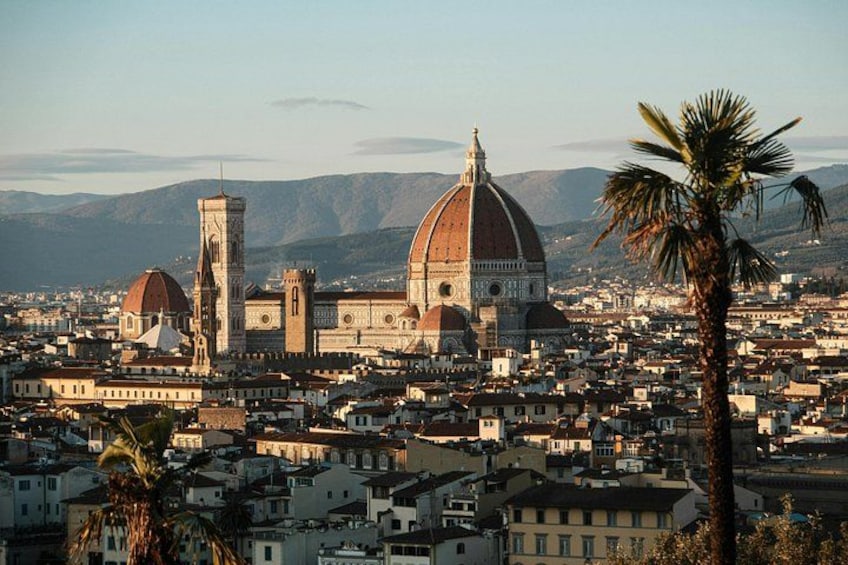 A cityscape with prominent domed buildings and a tower, surrounded by mountains and palm trees. 1