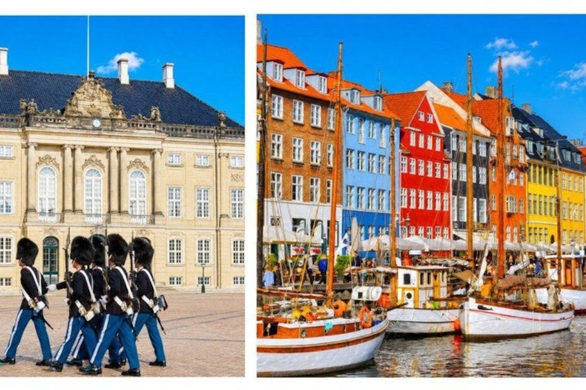A historic building with a group of guards, and a colorful waterfront with boats. 1