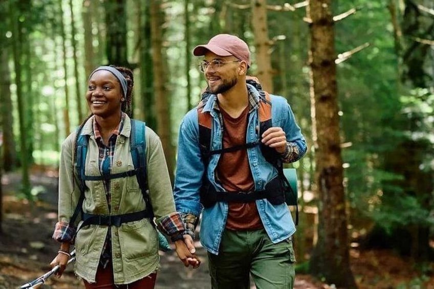 Deux personnes font de la randonnée dans une forêt, portant des sacs à dos. 2