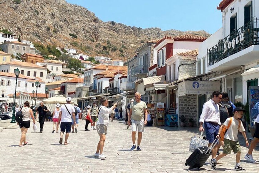 A pedestrian street with people walking, shops, and buildings with red-tiled roofs. 4