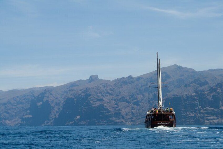 A boat named SHOGUN 32 sailing on the ocean with a mountainous landscape in the background. 5