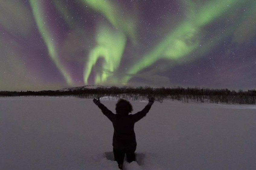 Una persona de pie en un paisaje nevado con los brazos levantados, contemplando un vibrante espectáculo de auroras. 2