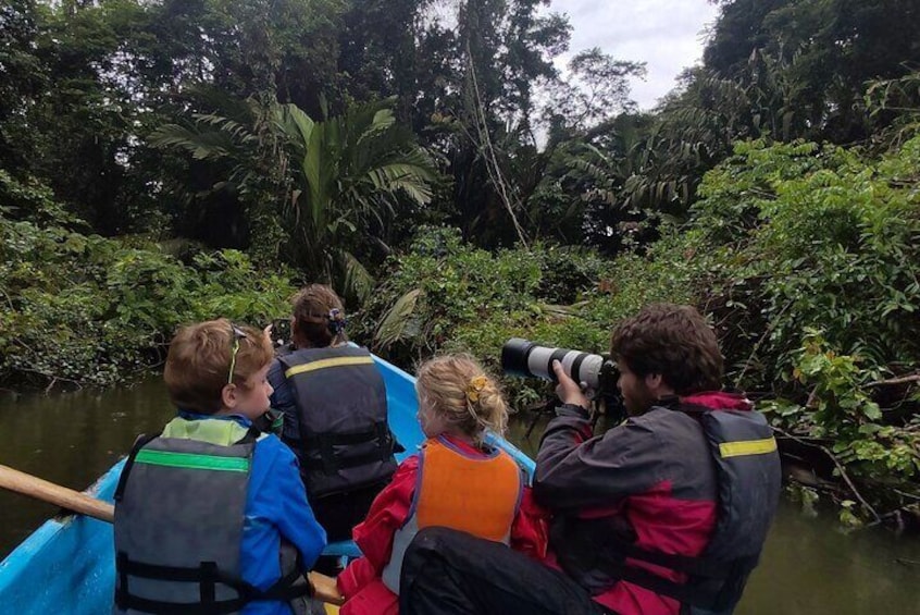 Des personnes dans un bateau, portant des gilets de sauvetage, entourées d’une végétation luxuriante et d’une rivière paisible. 1