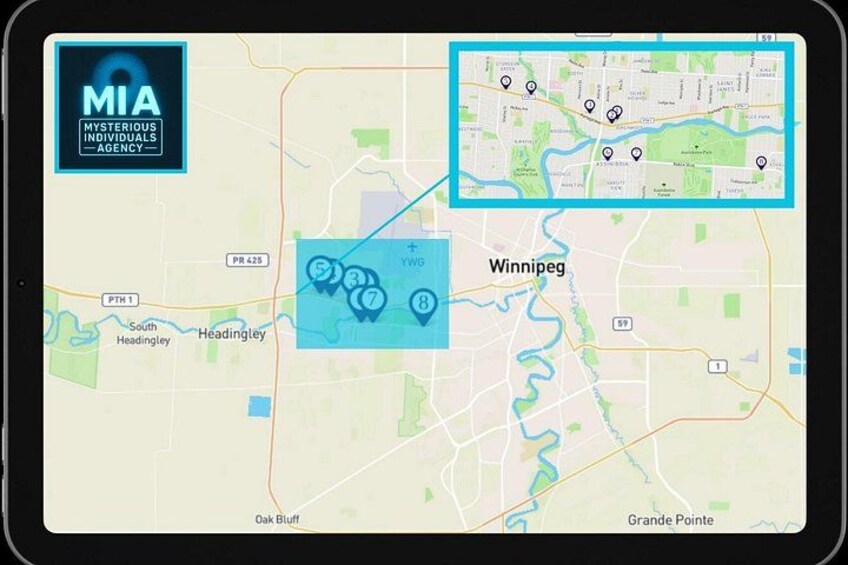 Et kort med et fremhævet område omkring Winnipeg, inklusive veje og omkringliggende byer. 4