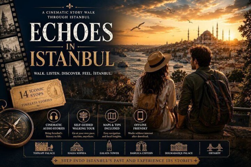 A scenic view of Istanbul with a couple overlooking the cityscape at sunset, iconic landmarks like Topkapı Palace, Hagia Sophia, and Galata Tower are visible. 1