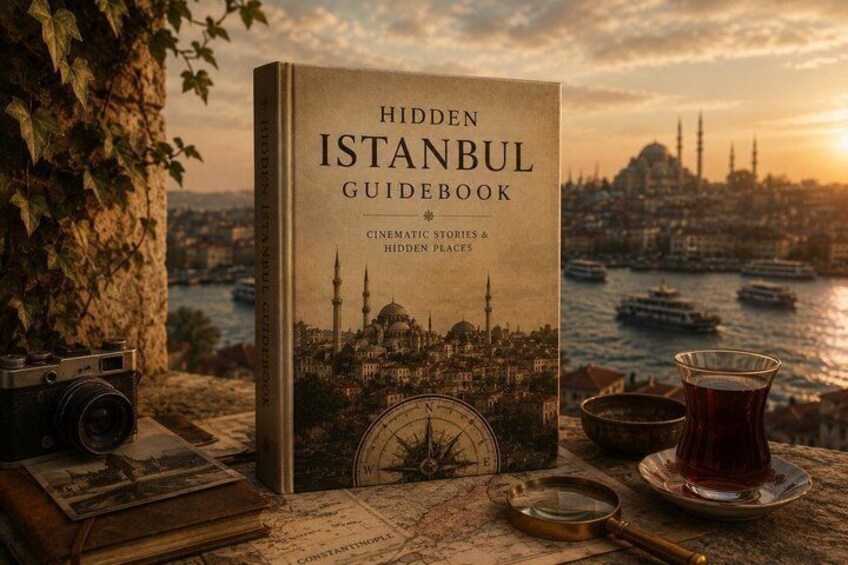 A book titled 'Hidden Istanbul Guidebook' with a map and a view of Istanbul's skyline. 1