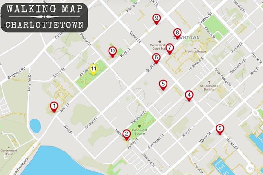 Et kort til fods over Charlottetown med nummererede seværdigheder. 2