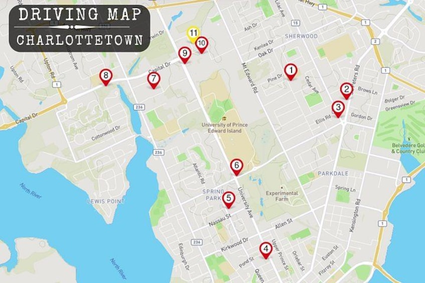 Et kort over Charlottetown med nummererede markeringer, der viser specifikke steder. 3