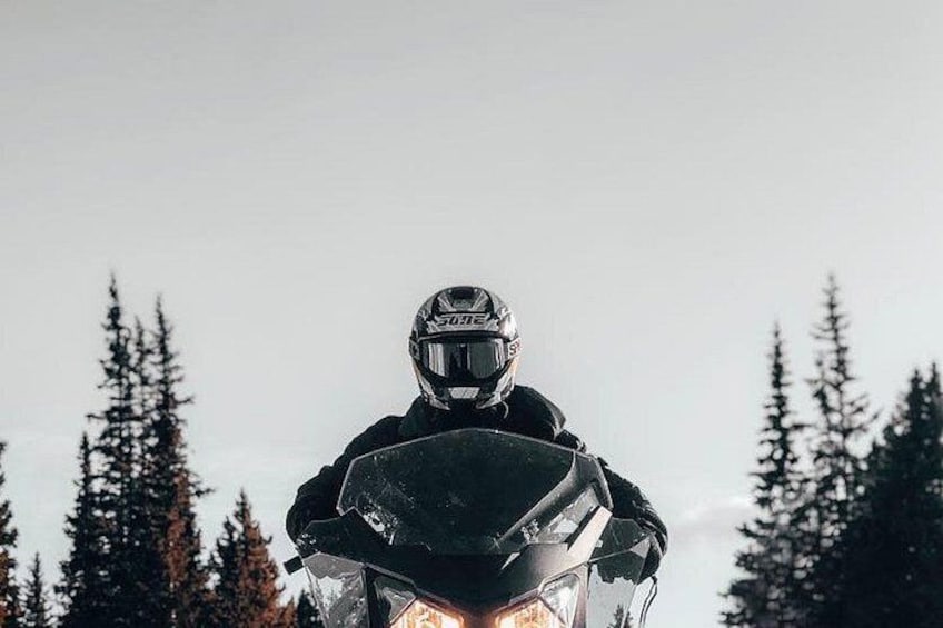 A person on a snowmobile with a helmet, surrounded by trees. 5