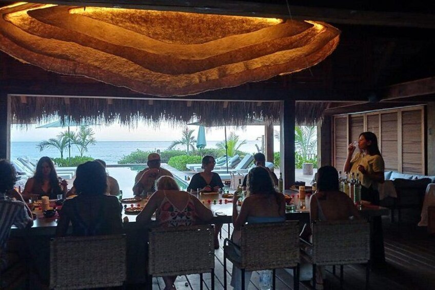 A restaurant with a view of the ocean, wicker chairs, and a thatched ceiling. 4