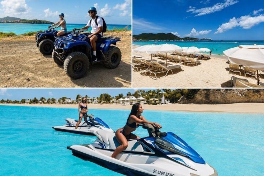 Una playa con cuatrimotos y motos acuáticas, agua azul cristalina y sombrillas. 1