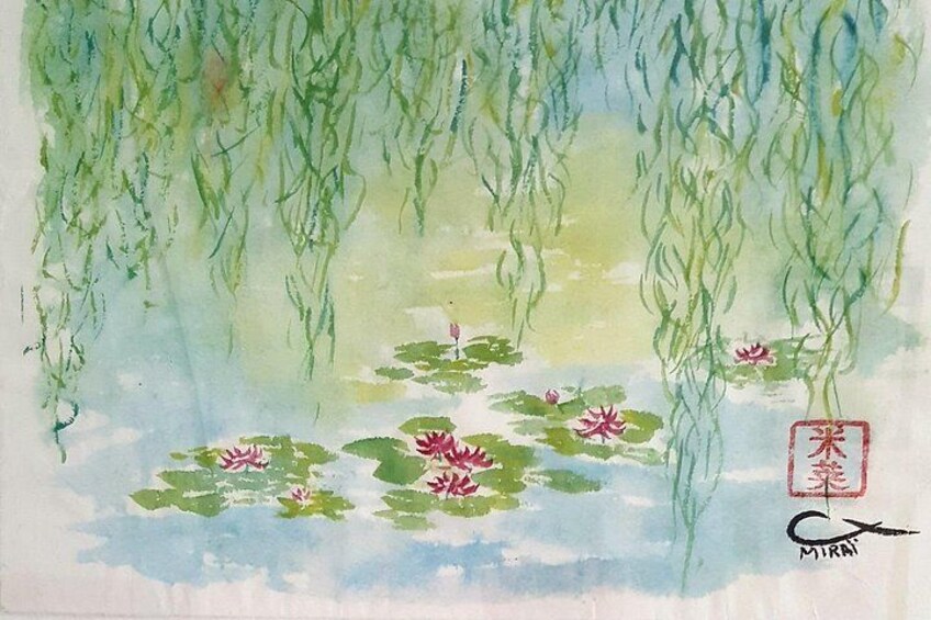 Une peinture à l’aquarelle représentant un étang avec des nénuphars et des branches de saule pleureur pendant au-dessus de l’eau. 4