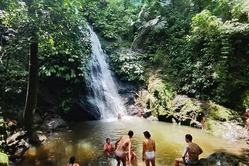 Una cascada, zona boscosa y gente en el agua. 3