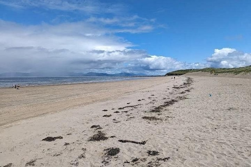 Una playa arenosa con huellas y algunas personas caminando. 1