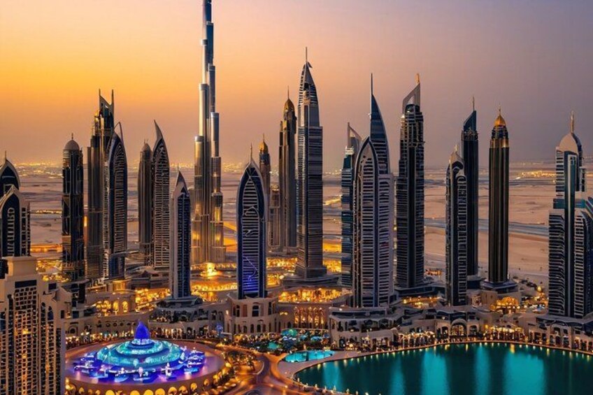A cityscape with modern skyscrapers and a large illuminated fountain. 1