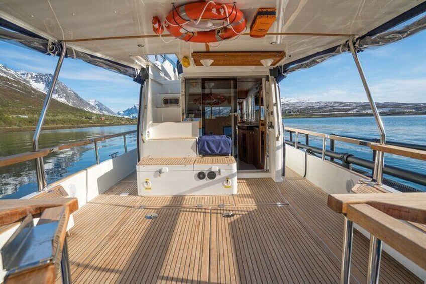 A boat deck with a wooden floor, a lifebuoy, and a view of a river with mountains in the background. 4