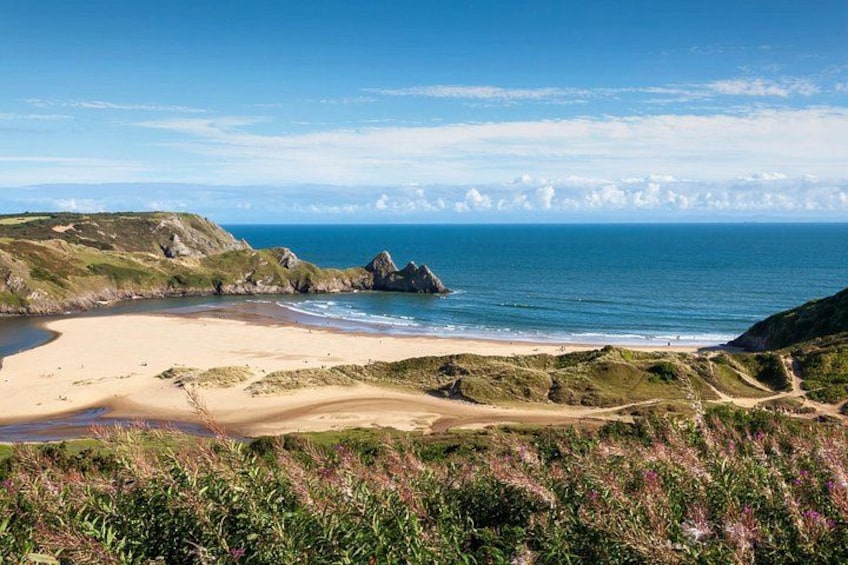 A coastal landscape with a sandy beach, grassy hills, and a clear blue sky. 5