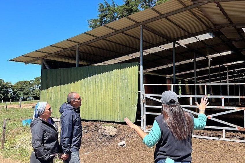 Tres personas de pie frente a una estructura metálica verde con techo. 5