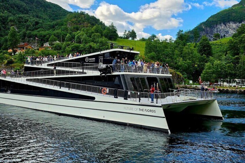 A large white boat named 'Future of the Fjords' with people on deck and a mountainous landscape in the background. 3