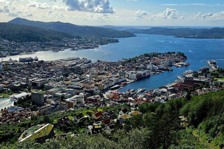 A coastal city with a marina, dense urban area, and surrounding hills. 1