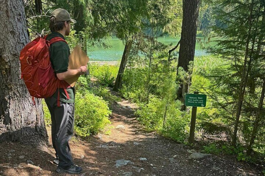 A hiker with a red backpack standing on a forest trail with a sign indicating a nature trail. 5