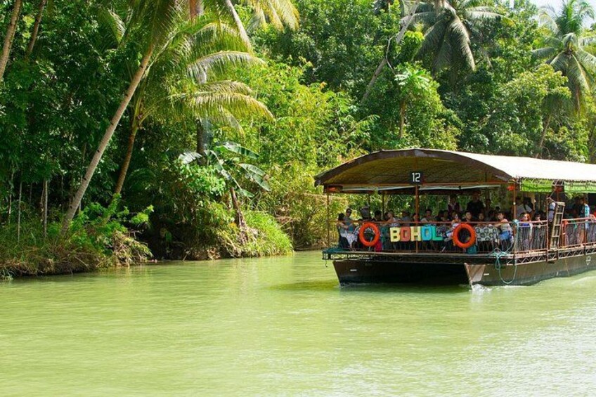 A boat with a covered deck, passengers, and the surrounding lush greenery. 3
