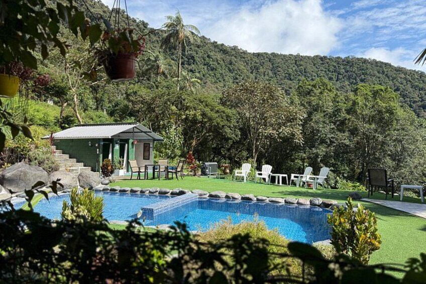 A swimming pool surrounded by white chairs, a small building, and lush greenery. 5
