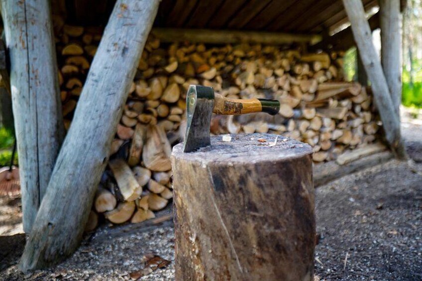 A wooden stake with a metal object, possibly a tool, embedded in it, set against a backdrop of stacked logs. 2