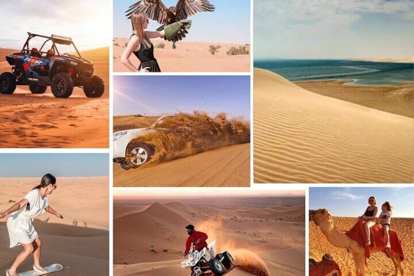 Paisaje desértico con dunas de arena, un buggy de dunas, una persona conduciendo un buggy y una caravana de camellos. 1
