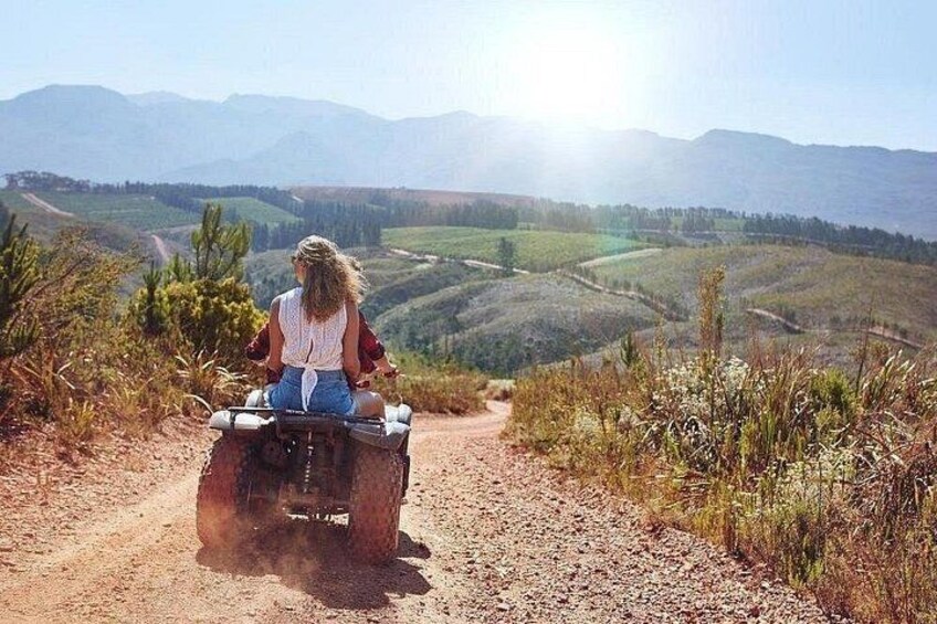 A person riding a quad bike on a dirt path with a mountainous landscape in the background. 4