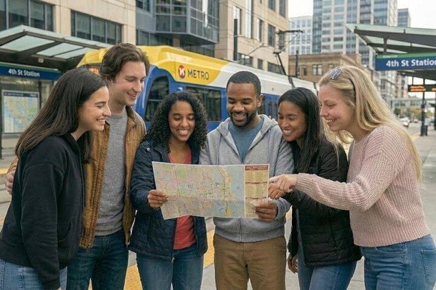 A group of people examining a map in an urban setting with a metro train in the background. 1