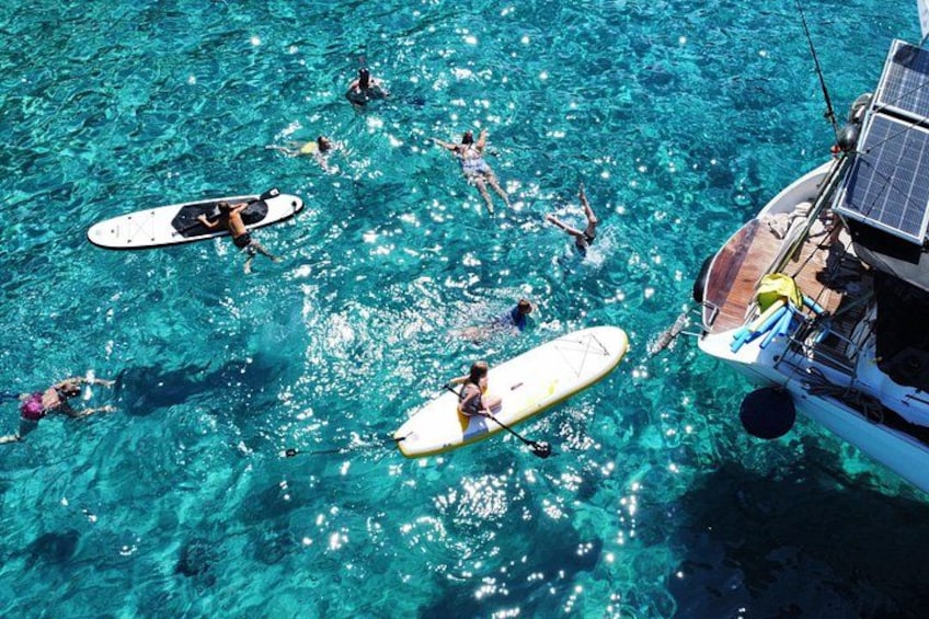 People swimming and surfing in clear blue water, with a boat and solar panels visible. 3