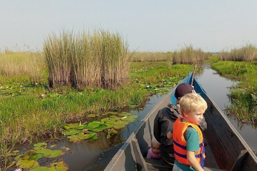 A narrow waterway with tall grasses and lily pads, a canoe with two people, and a child in a life jacket. 4