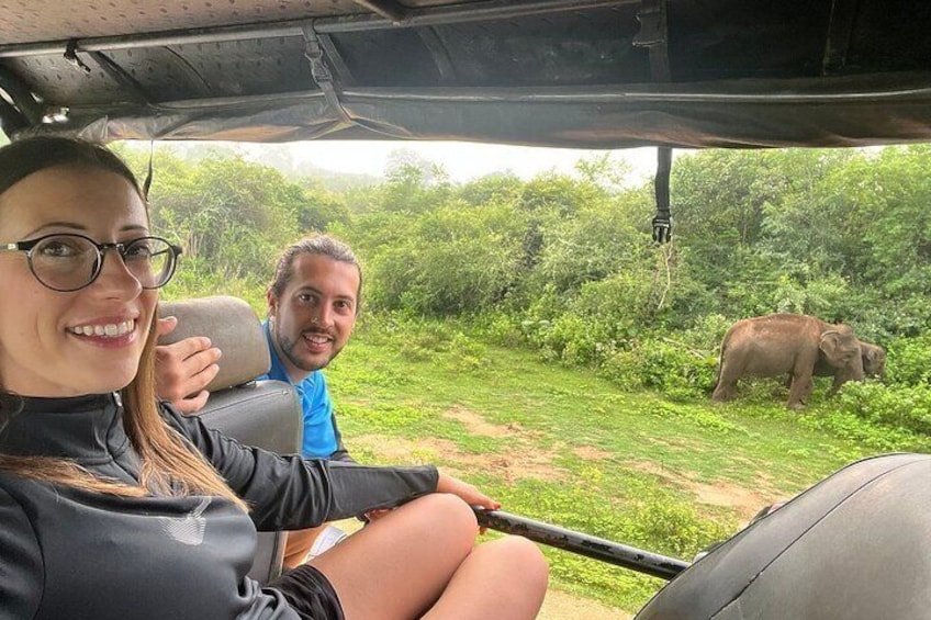 Interior de un vehículo, con una persona vestida de azul y otra con una camiseta negra. Se ve un elefante en una zona boscosa verde en el exterior. 4