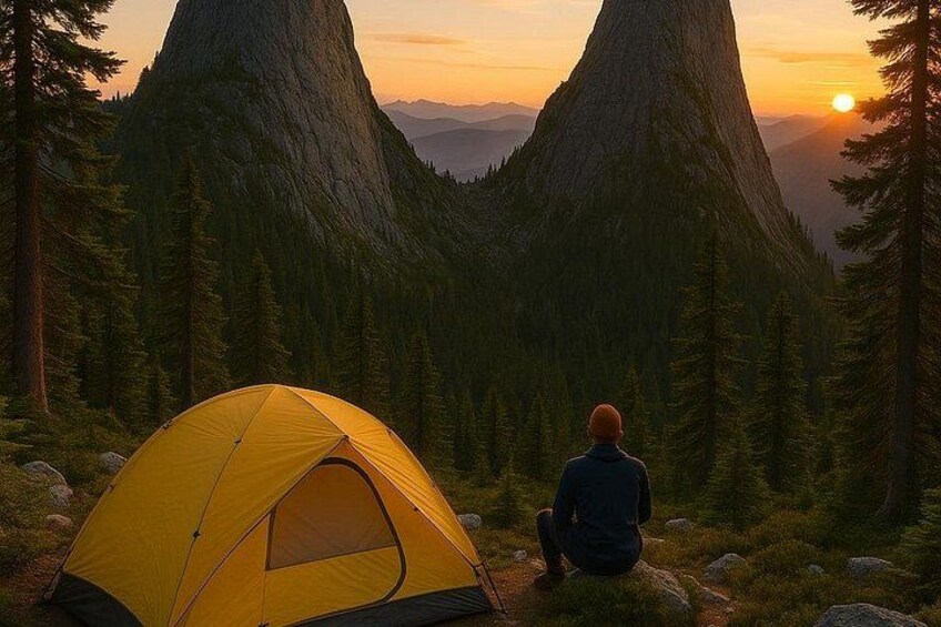 A yellow tent, a person sitting, and a mountainous landscape with a sunset. 1