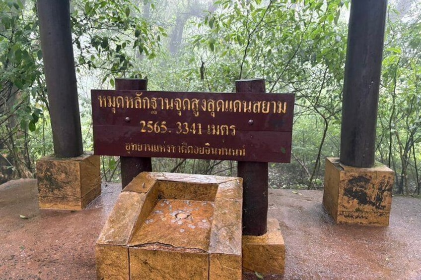 A weathered stone bench with a sign in a forested area. 5