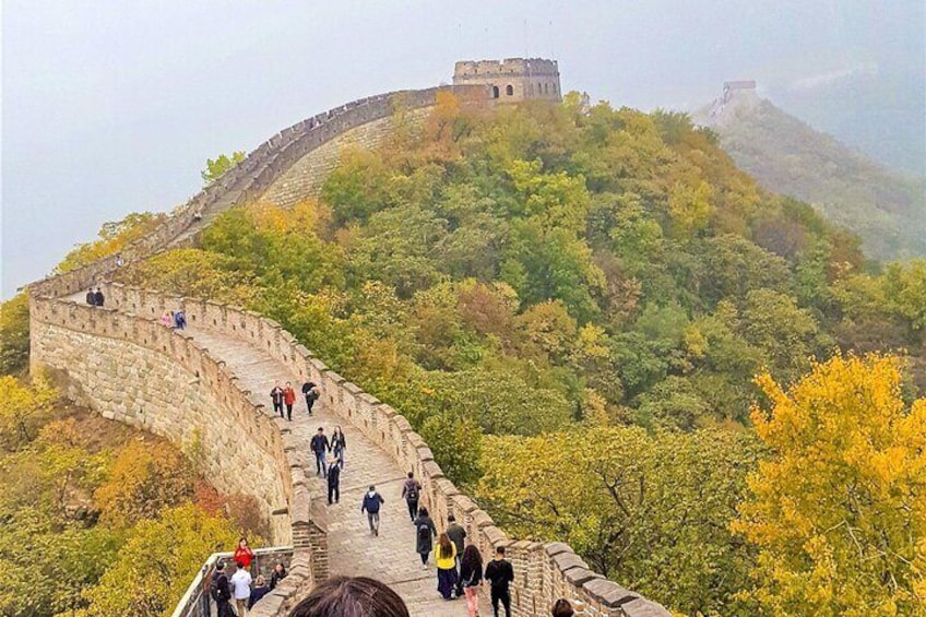 The Great Wall of China winding through a forested landscape with visitors walking along the path. 3