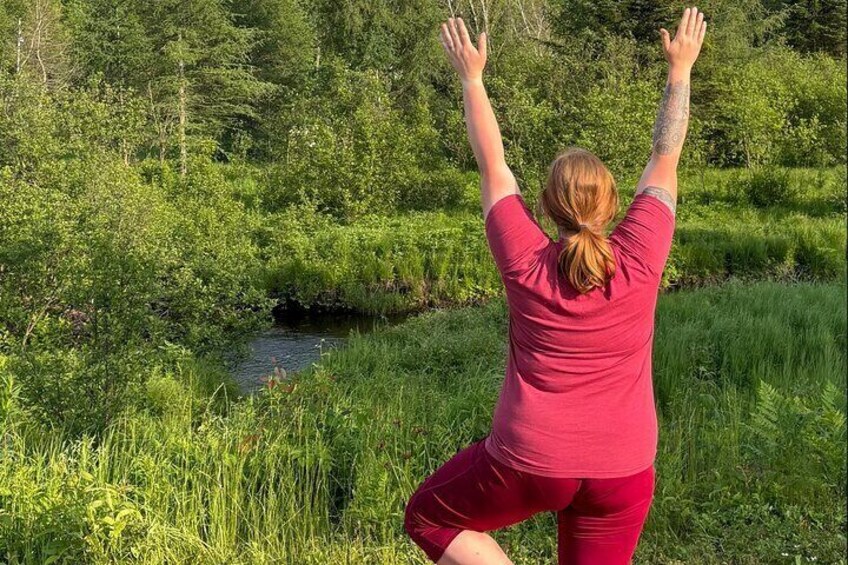 En person i rød top og shorts laver yoga på en græsmark med en å. 2