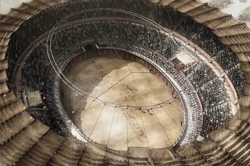 Een groot, rond stadion met terrassen en een centraal podium. 3