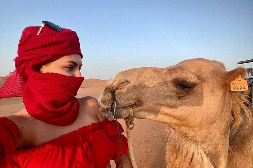 Une personne vêtue de rouge et portant un foulard interagit avec un chameau dans un décor désertique. 3