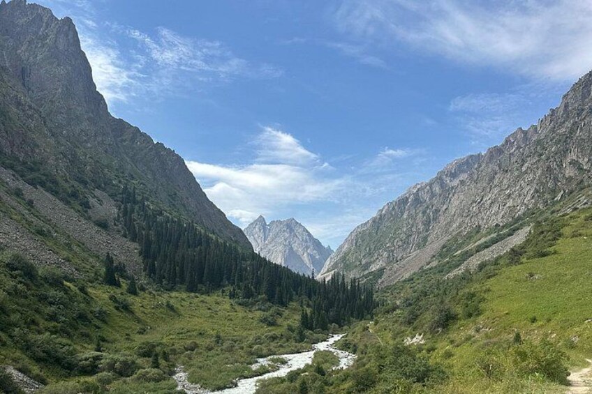 Een bergvallei met een rivier, dicht bos en rotsachtige kliffen. 5