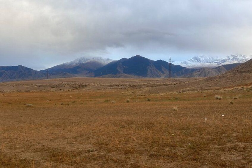 Un paisaje árido con pasto seco, montañas distantes y un cielo nublado. 2