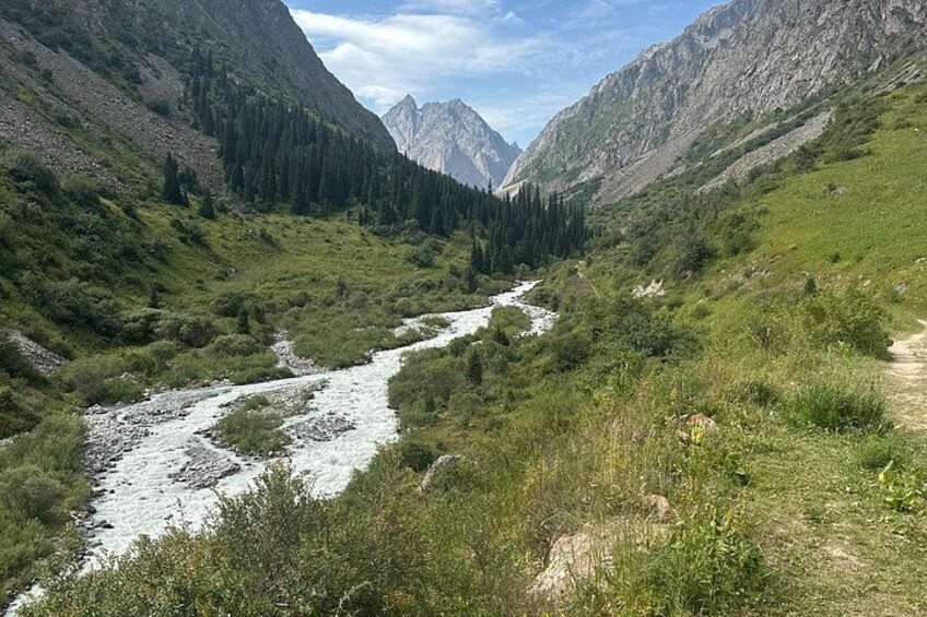 Een rivier die zich een bergvallei door kronkelt, met dichte bossen en rotsachtig terrein. 4