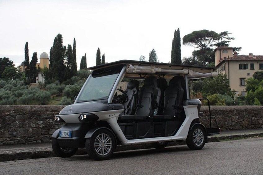 Un carrito de golf blanco y negro estacionado en una carretera con muros de piedra y árboles al fondo. 2