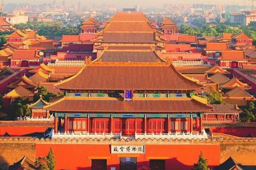 A traditional Chinese building with a large, ornate roof and red walls. 1