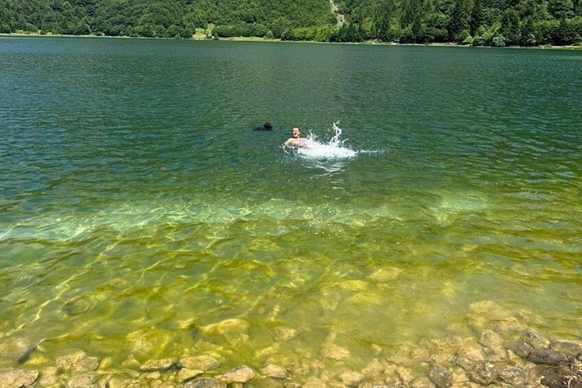 A person swimming in a clear lake surrounded by a forested landscape. 5