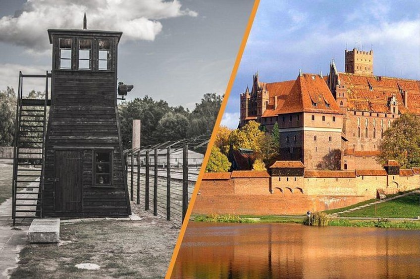 Een houten uitkijktoren en een kasteel met een gracht. 1